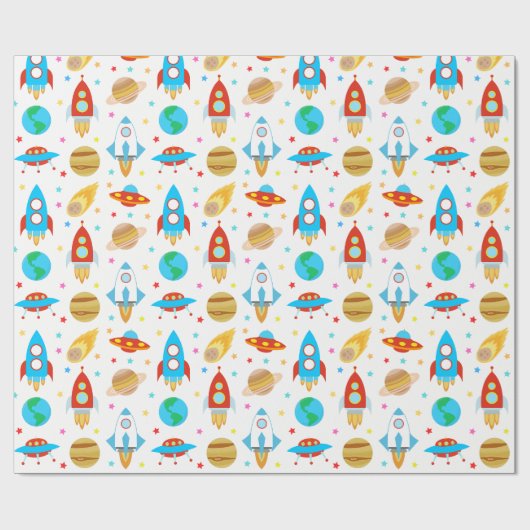 Weltraumraketen Planets Ufo Stars Geschenkpapier (Flach)