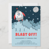 Weltraumraketenjunge zum ersten Geburtstag Einladung (Vorderseite)