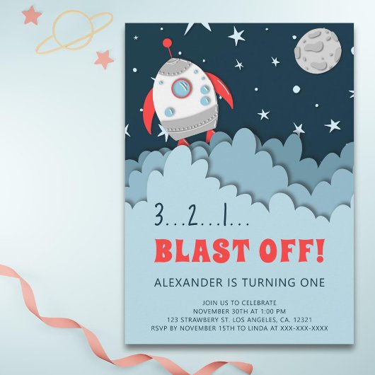Weltraumraketenjunge zum ersten Geburtstag Einladung