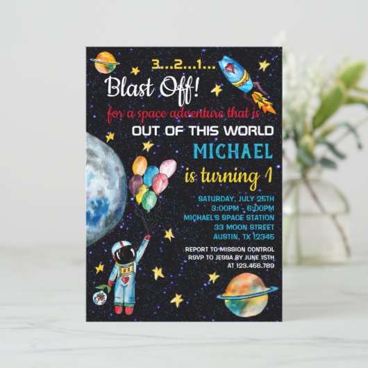 Weltraumraketenrakete Einladung (Stehend Vorderseite)