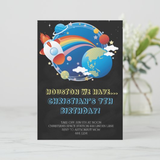 Weltraumraketenschiff Einladungen zum Geburtstag (Stehend Vorderseite)