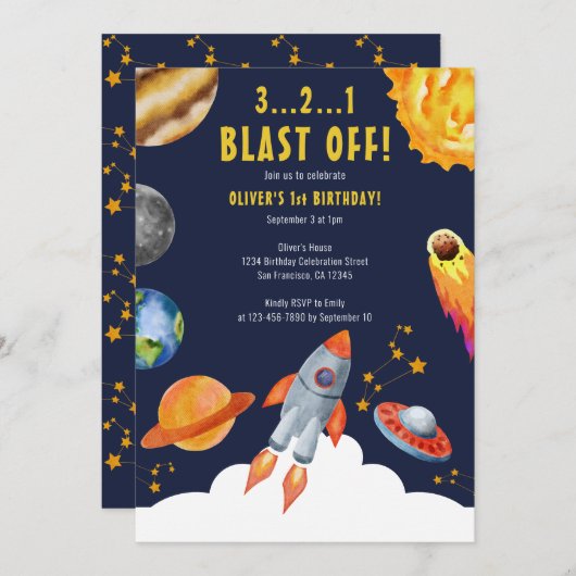 Weltraumraketenschiff-Explosion vom 1. Geburtstag- Einladung (Vorne/Hinten)