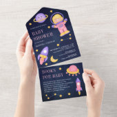 Weltraumrosa Girl Astronaut Navy Baby Dusche All In One Einladung (Abreißen)