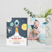 Weltraumschiff Boy 1. Geburtstag Einladung (Stehend Vorderseite)