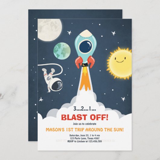 Weltraumschiff Boy 1. Geburtstag Einladung (Vorne/Hinten)
