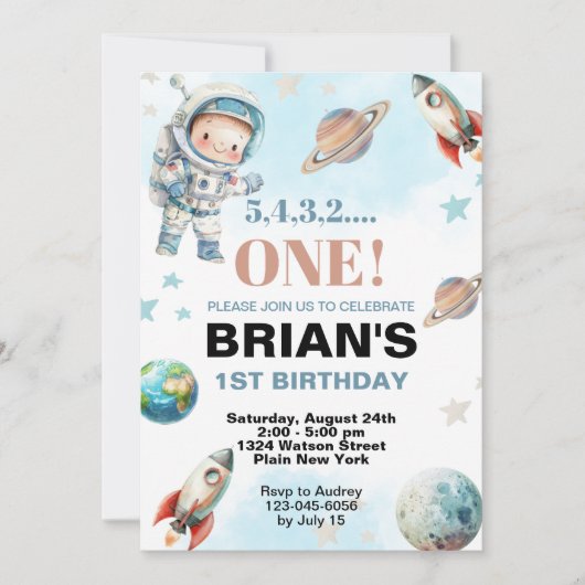 Weltraumtag zum ersten Geburtstag Einladung (Vorderseite)