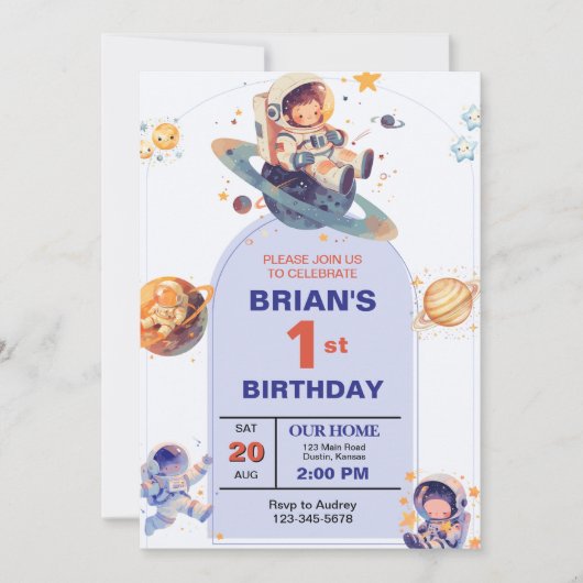 Weltraumtag zum ersten Geburtstag Einladung (Vorderseite)