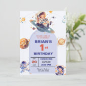 Weltraumtag zum ersten Geburtstag Einladung (Stehend Vorderseite)