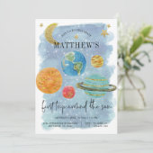 Weltraumtag zum ersten Geburtstag Einladung (Stehend Vorderseite)