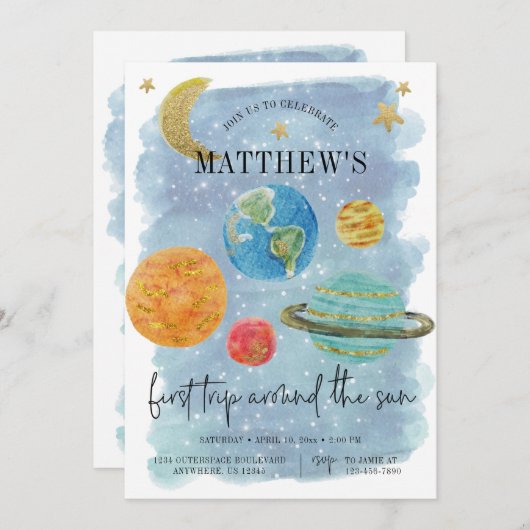 Weltraumtag zum ersten Geburtstag Einladung (Vorne/Hinten)