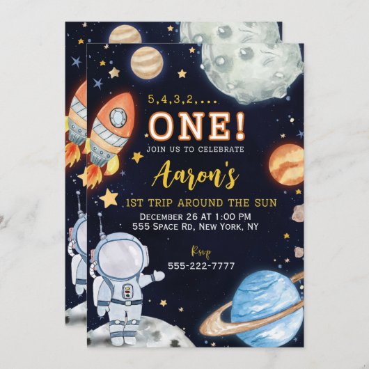 Weltraumtag zum ersten Geburtstag Einladung (Vorne/Hinten)