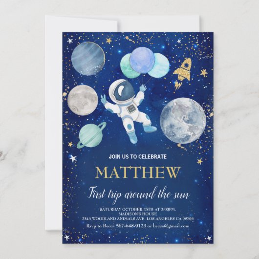 Weltraumtag zum ersten Geburtstag Einladung (Vorderseite)