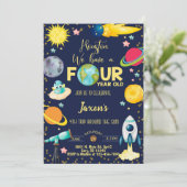 Weltraumtakulärer Junge, 4. Geburtstagseinladung. Einladung (Stehend Vorderseite)