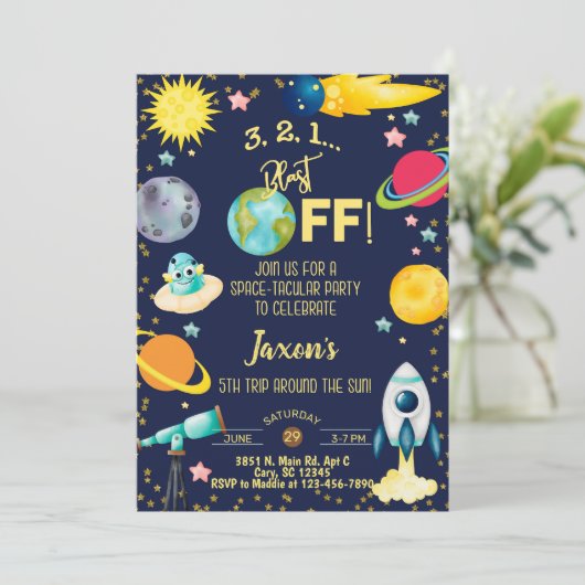 Weltraumtakulärer Junge, Einladung zum 5. Geburtst (Stehend Vorderseite)