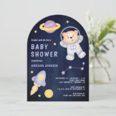 Weltraumteddy Bären Astronaut Navy Baby Dusche Einladung (Stehend Vorderseite)
