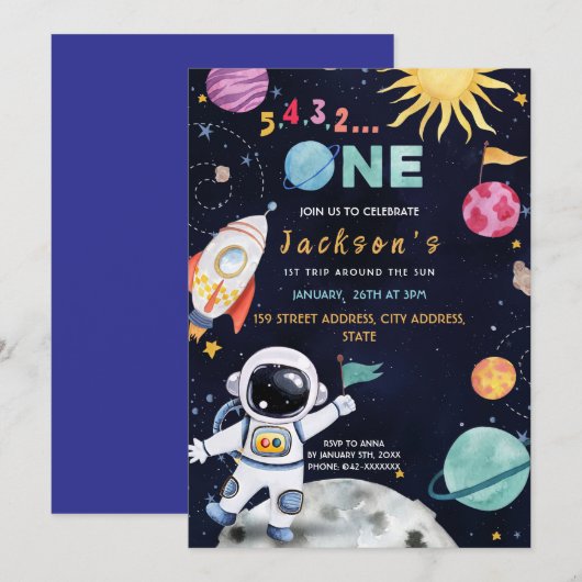 Weltraumthema 1. Geburtstag Party Einladung (Vorne/Hinten)