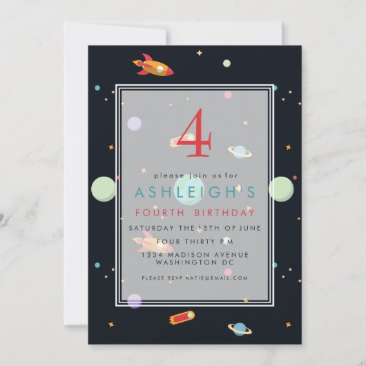 Weltraumthema | Kinder Geburtstagsparty Einladung (Vorderseite)