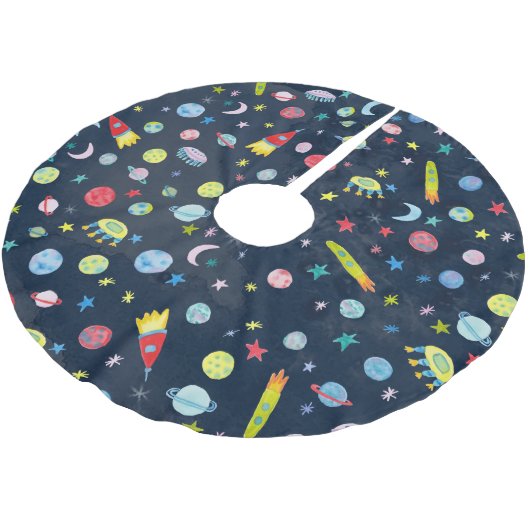 WeltraumUFO-Rakete Saturn Wasserfarbe Polyester Weihnachtsbaumdecke (Schrägansicht)