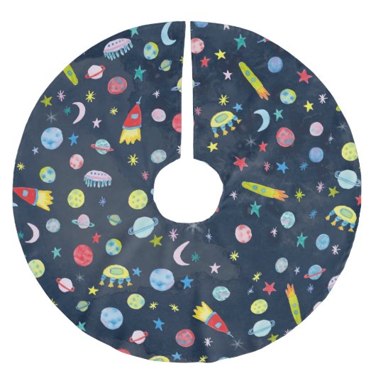 WeltraumUFO-Rakete Saturn Wasserfarbe Polyester Weihnachtsbaumdecke (Vorderseite)