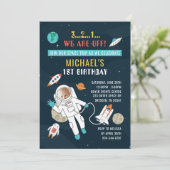 Weltraumzukunftsastronaut 1. Geburtstag Foto Einladung (Stehend Vorderseite)