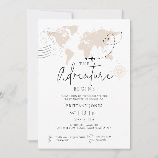 Weltreise Adventure beginnt mit Babydusche Einladung (Vorderseite)