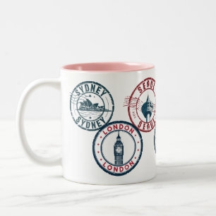 Weltreise-Stadt-Pass-Stempel-Tasse – Vintage-Reise Zweifarbige Tasse
