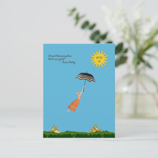 Weltreisekarte mit fliegender Frau und Schirm Postkarte (Stehend Vorderseite)