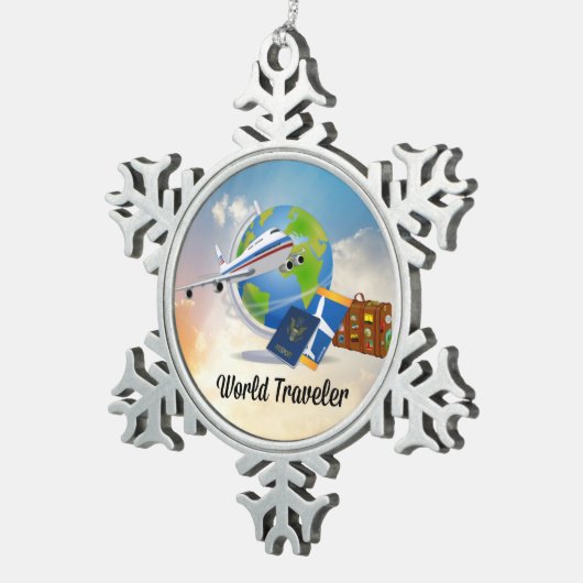 Weltreisender--Verpackt und bereiten Sie vor, um Schneeflocken Zinn-Ornament (Rechts)