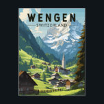 Wengen Schweiz Reisen Vintag Postkarte<br><div class="desc">Wengen retro Vektor Reise Design. Wengen ist ein Schweizer Alpendorf im Berner Oberland. Es ist bekannt für seine Holzhütten und die Belle époque Hotels.</div>
