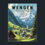 Wengen Schweiz Reisen Vintag Postkarte<br><div class="desc">Wengen retro Vektor Reise Design. Wengen ist ein Schweizer Alpendorf im Berner Oberland. Es ist bekannt für seine Holzhütten und die Belle époque Hotels.</div>