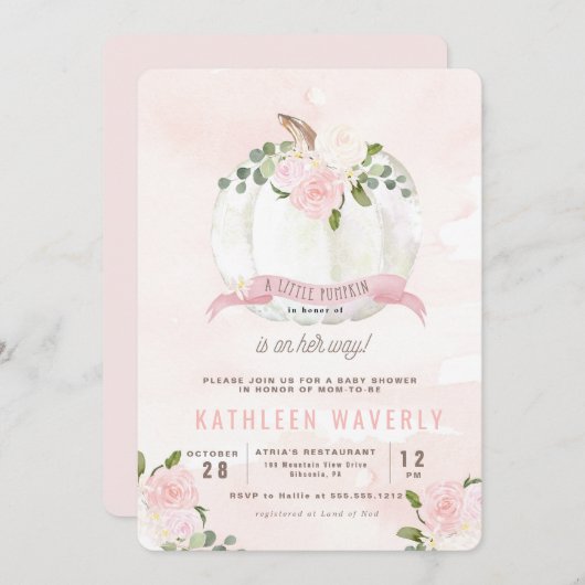Wenig Kürbis-Fall-Rosa-Babyparty-Einladung Einladung (Vorne/Hinten)