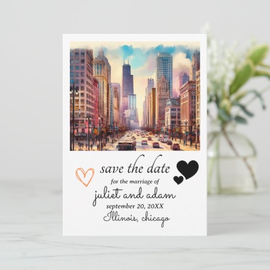 Wenige Herz chicago Hochzeitskyline Save the Date Einladung (Stehend Vorderseite)