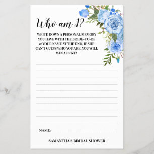 Wer bin ich? Brautparty Blue Flowers Game Card Flyer