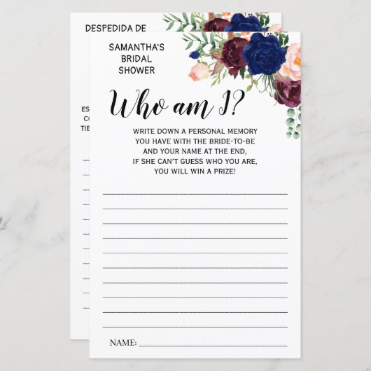 Wer bin ich? Brautparty Englisch Spanisch (Vorne/Hinten)