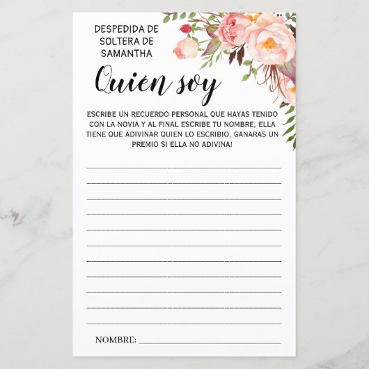 Wer bin ich? Brautparty Englisch Spanisch (Rückseite)