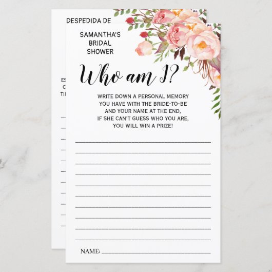 Wer bin ich? Brautparty Englisch Spanisch (Vorne/Hinten)