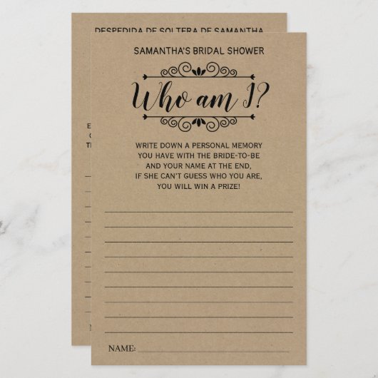 Wer bin ich Brautparty Englisch Spanisch rustikale (Vorne/Hinten)