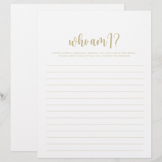 Wer bin ich Minimalistisch Gold Brautparty Game (Vorne/Hinten)