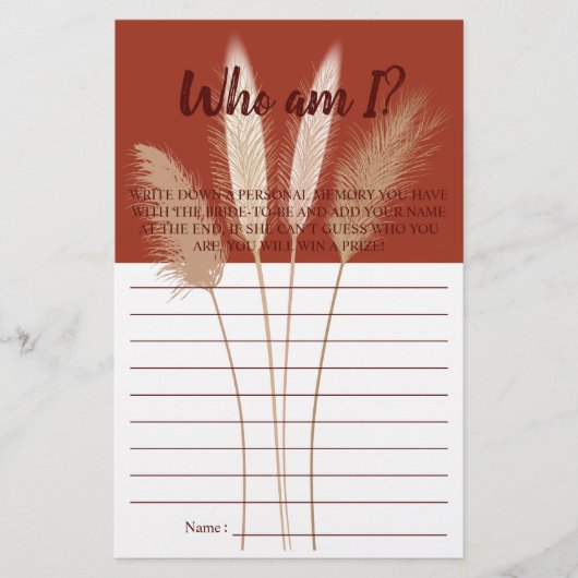 Wer bin ich? Pampas Brautparty Game Card Flyer (Vorne)