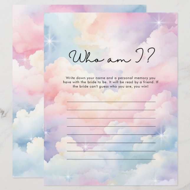 Wer bin ich Pastell Cloud Nine Brautparty Game (Vorne/Hinten)
