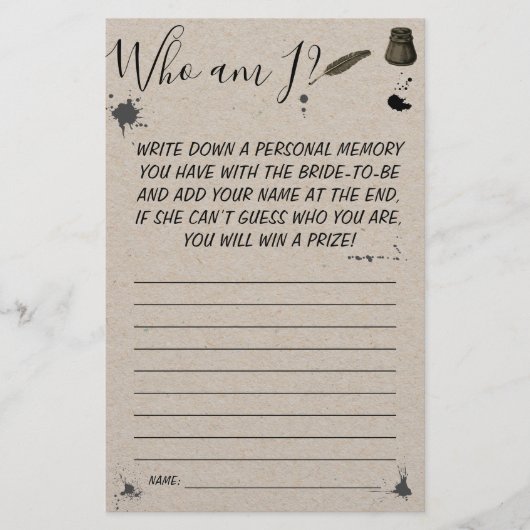 Wer bin ich? | Pen & Inkwell Brautparty Game Card Flyer (Vorne)