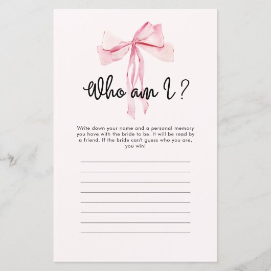 Wer bin ich Pink Ribbon Brautparty Game (Vorderseite)