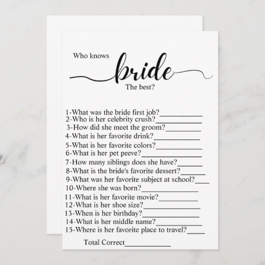 Wer das beste Brautparty Party-Spiel kennt Programm (Vorne/Hinten)