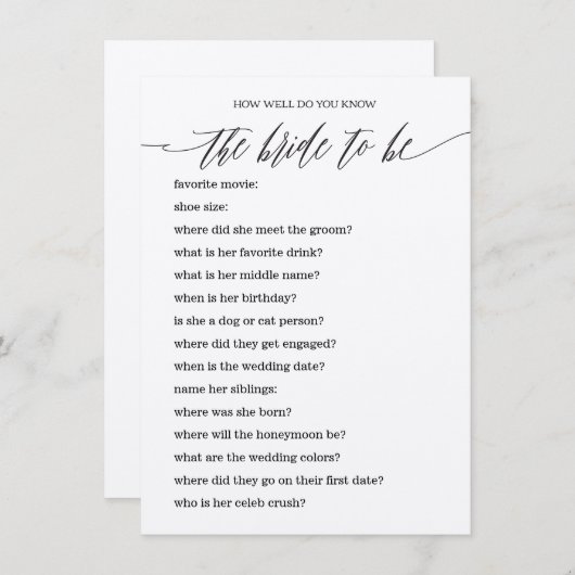 Wer das Bride Best Brautparty Game kennt Begleitkarte (Vorne/Hinten)