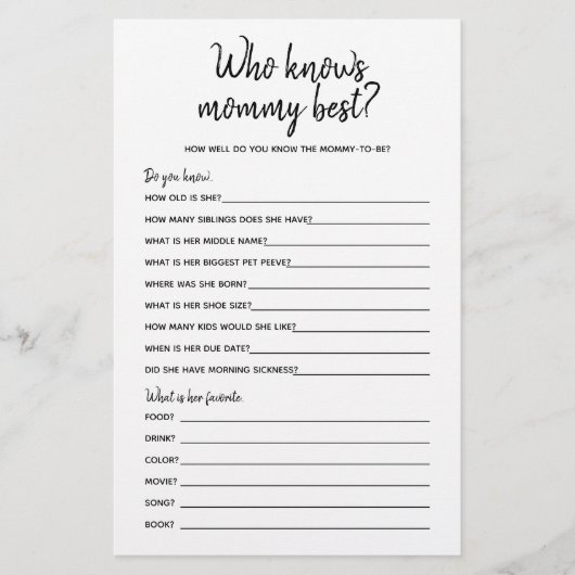 Wer das Mama Best Minimalistisch Baby Shower Game (Vorderseite)