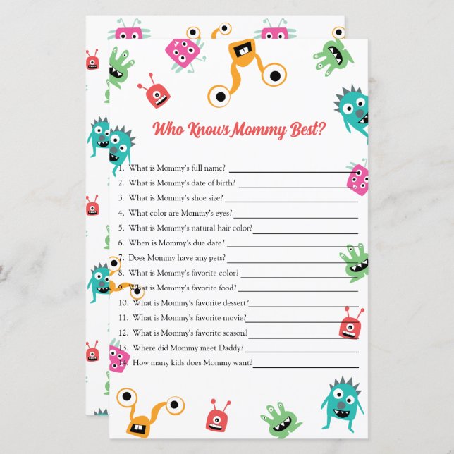 Wer das Mama Best Monster Baby Shower Game kennt (Vorne/Hinten)