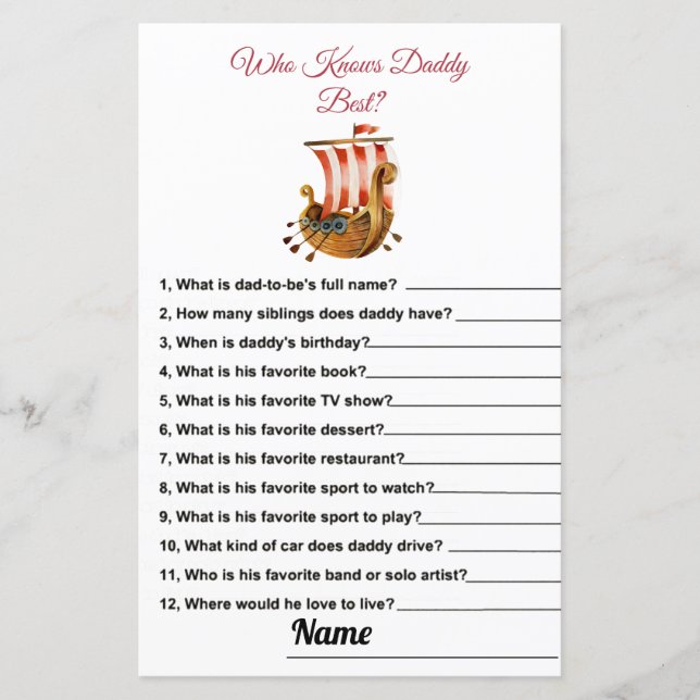 Wer die Daddy Best Vikings Baby Shower Game Card k (Vorderseite)