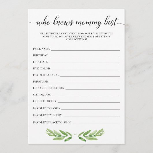 Wer die Mama Best Baby Shower Game Cards kennt (Vorderseite)