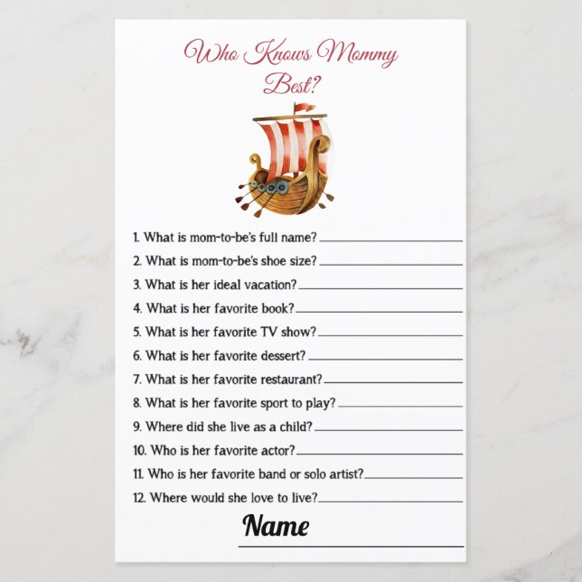 Wer die Mama Best Vikings Baby Shower Game Card ke (Vorderseite)