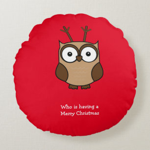 Wer hat ein fröhliches Weihnachts-Rentier-Owl Red? Rundes Kissen